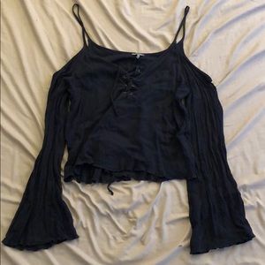 Navy blue crop top. Cold shoulder. Flowy arms